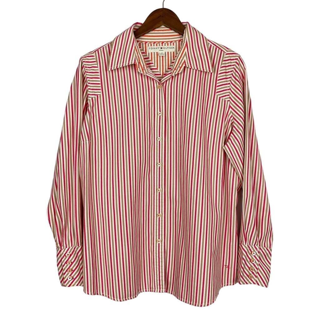 Tommy Hilfiger | Woman Red & Tan Striped Textured Long Sleeve Button Down Shirt